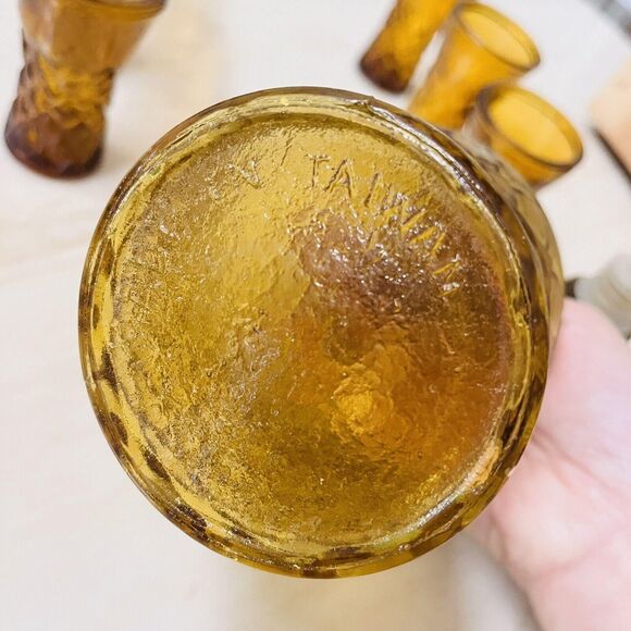 MCM Amber Glass Decanter Set w/6 Cordial Glasses Diamond Pattern Barware Taiwan - Picture 9 of 14